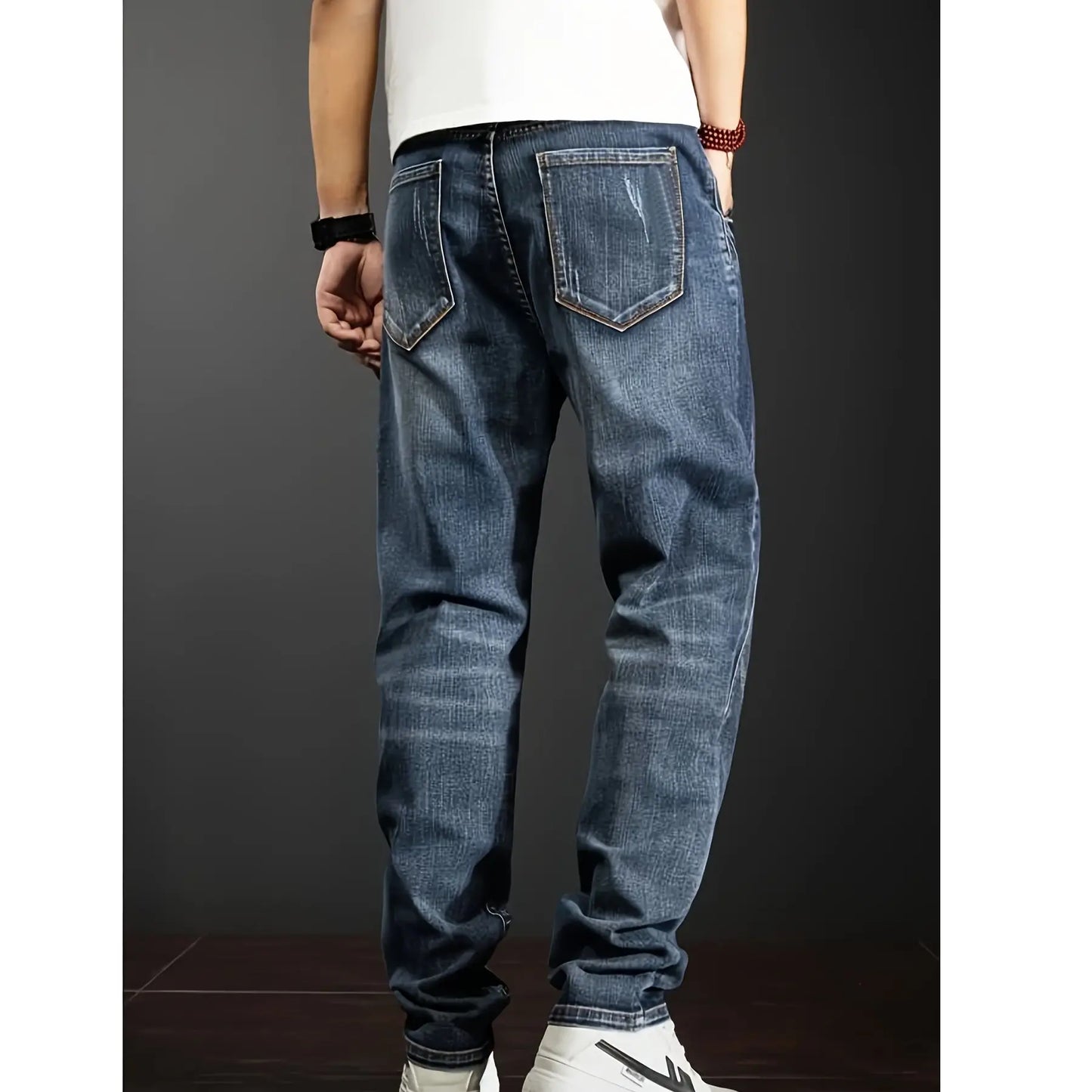 Men's European and American plus size jeans, loose and versatile workwear jeans patchwork design micro elastic cat whisker jeans