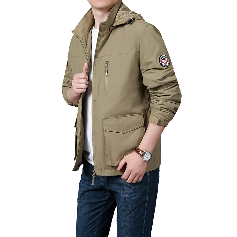 Men's hooded jacket - Outdoor hiking windproof casual jacket - New hooded detachable breathable multi pocket workwear jacket