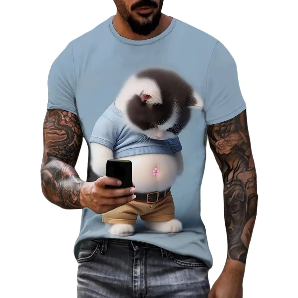 T-Shirts for Men Funny Cat Print Summer Casual O-Neck Short Sleeve Tee Tops Fashion Breathable Pullover Street Men's Clothing