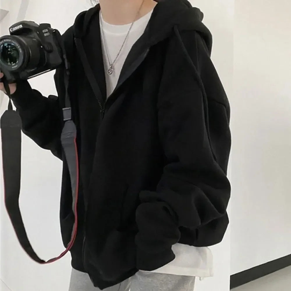 Women Solid Hoodies Coat Harajuku Basic Long Sleeve Spring Autumn Loose Zip Up Casual Oversized Sweatshirts Jacket with Pocket