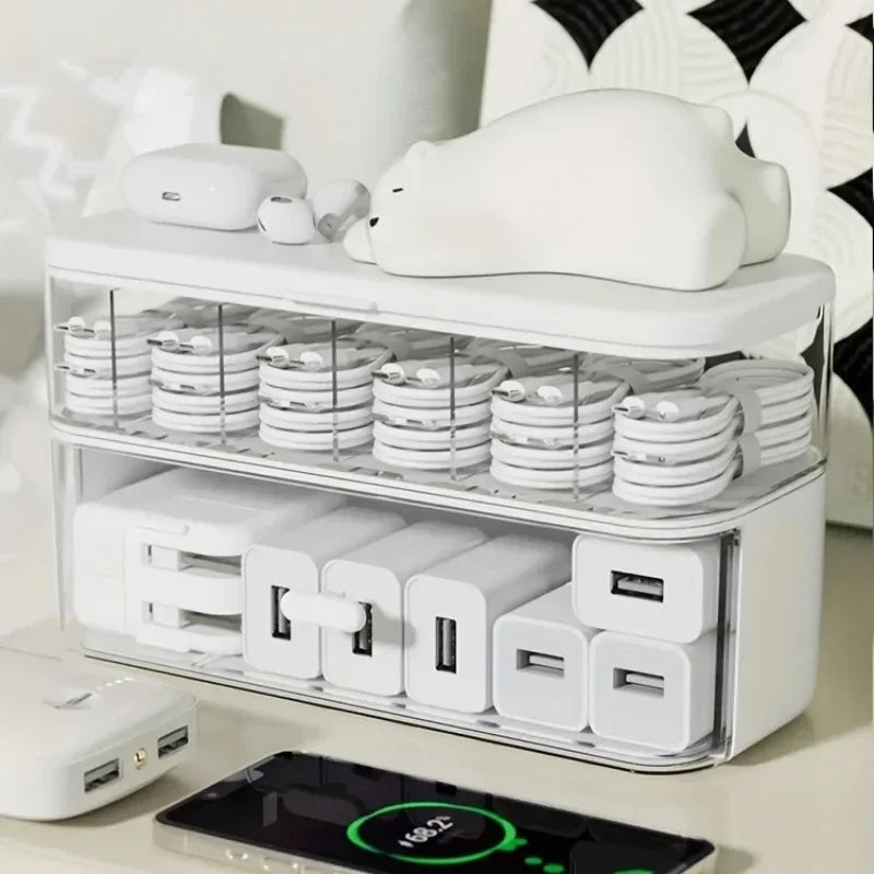 Cable Organizer Storage Box with 14 Wire Ties,Desktop Cable Management Box with Lid,Power Cord Organizer for Office,Home