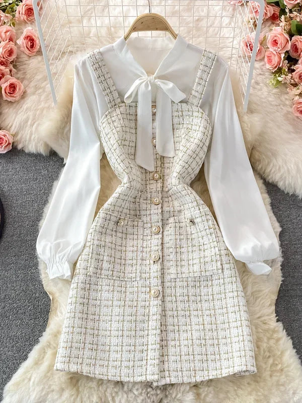 Women Two Piece Set 2025 Korean Fashion Bowtied Collar White Blouse and Spaghetti Strap Single Breasted Mini Tweed Dress Suits