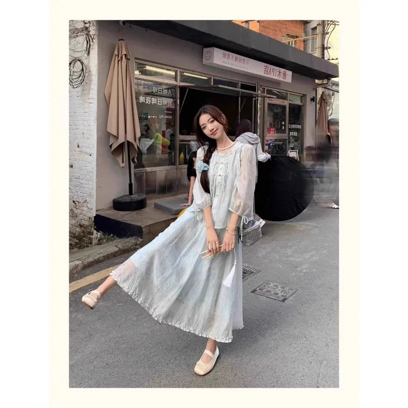 Women's 2 Piece Set Sheer Blouse and Long Skirt Fairycore Chiffon Co-ords