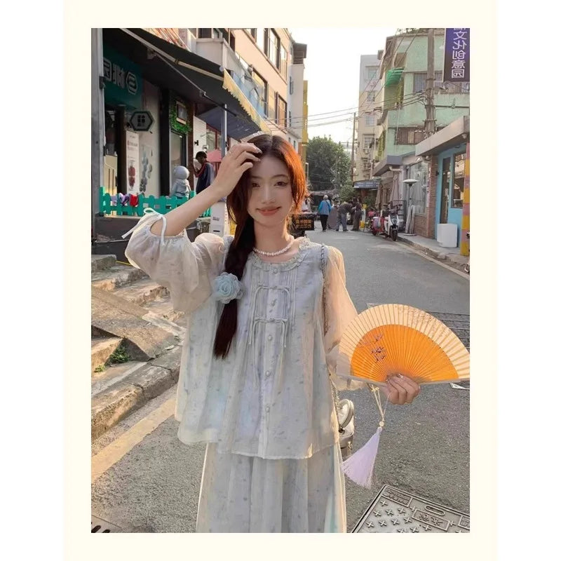 Women's 2 Piece Set Sheer Blouse and Long Skirt Fairycore Chiffon Co-ords