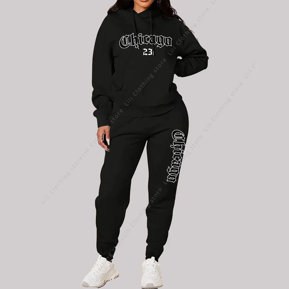 Women's Sets Hoodies Pants 2 Piece Outfits Aesthetic Sportswear Sweatsuit Chicago Graphic Letter Print Plus Size Pink Tracksuit