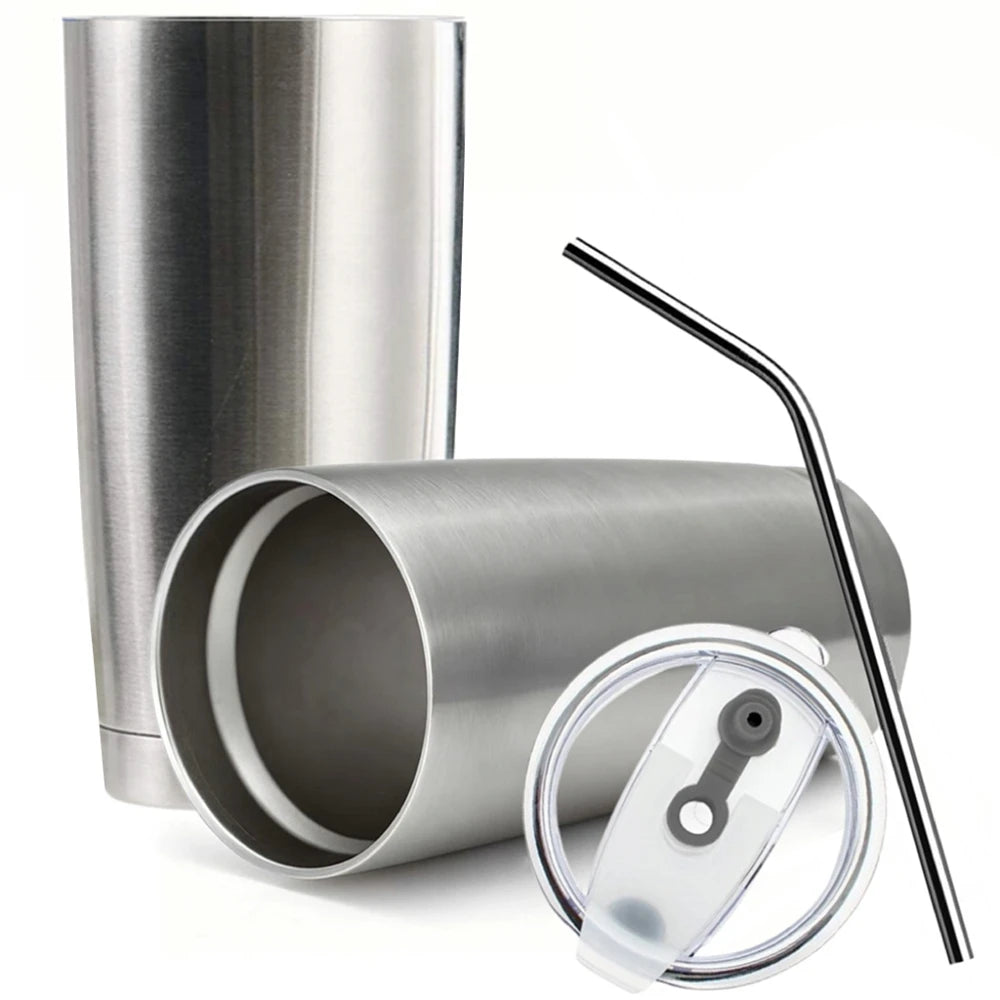 1Pc Travel Tumbler with Lid Straws 550ML Stainless Steel Insulated Tumbler Cup Double Wall Coffee Mug for Hot Cold Drinks Silver