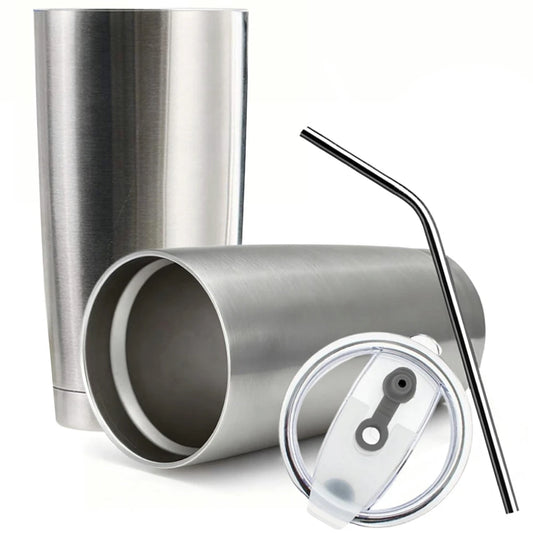 1Pc Travel Tumbler with Lid Straws 550ML Stainless Steel Insulated Tumbler Cup Double Wall Coffee Mug for Hot Cold Drinks Silver
