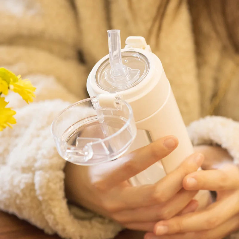 Double Portable Glass Water Bottle with Plastic Enclosure, Kawaii Cup, Tumbler with Straw, Gifts for Girls, Milk, Coffee, Juice