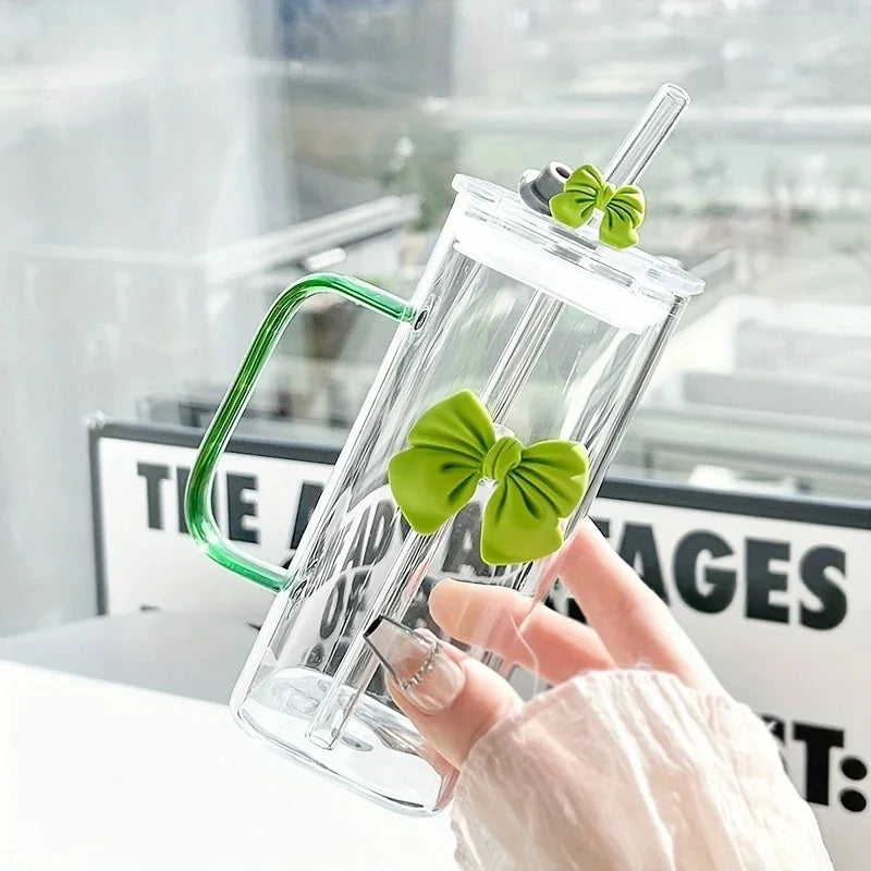 400mL Elegant Butterfly-Decorated Glass Tumbler with Straw & Handle - Reusable Freezer-Safe Water Cup for Coffee Juice Milk