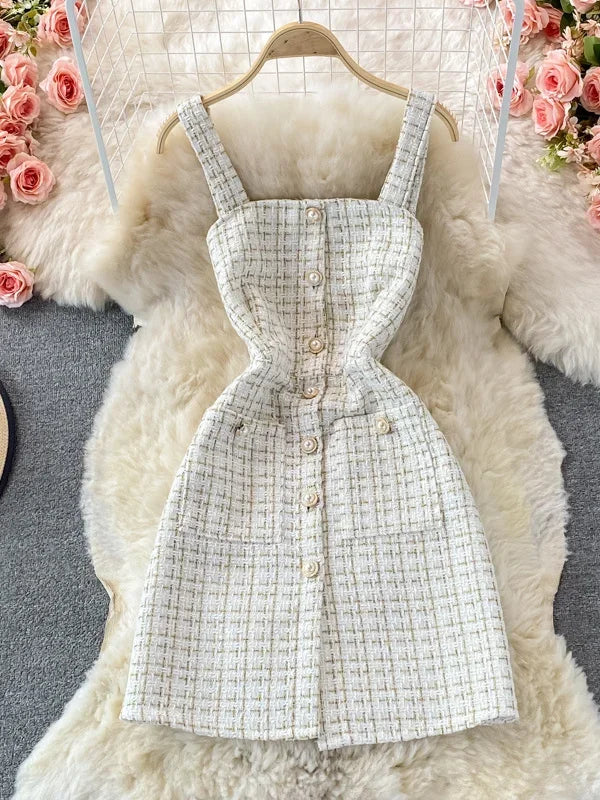Women Two Piece Set 2025 Korean Fashion Bowtied Collar White Blouse and Spaghetti Strap Single Breasted Mini Tweed Dress Suits