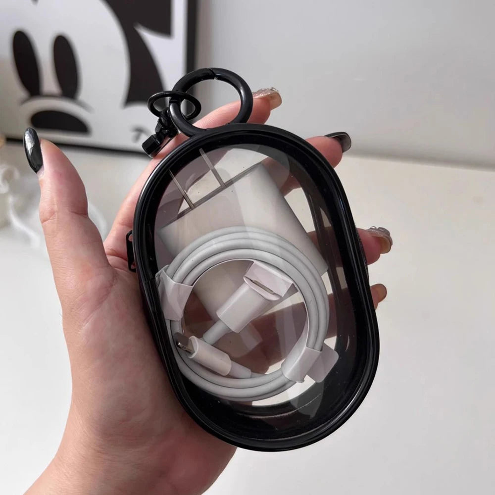 Portable Mini Transparent Charging Cable Storage Bag with Zipper Multifunctional Headphone Case Travel Accessories with Keychain