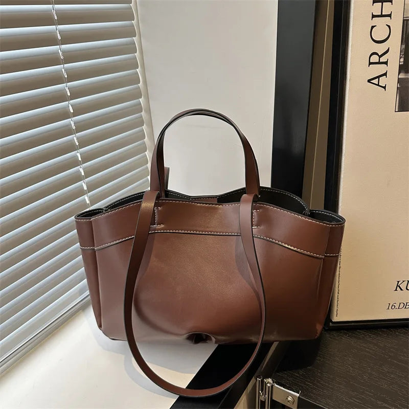 Women Tote Bag Underarm Bag Large Capacity PU Leather Shoulder Bags Vintage Solid Crossbody Bag Trendy Briefcase Bags with Purse