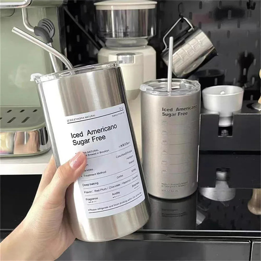 Portable 600ml Thermos Cup 304 Stainless Steel Coffee Mug Thermal Leak-proof Water Bottle with Straw Insulated Bottle Drinkware