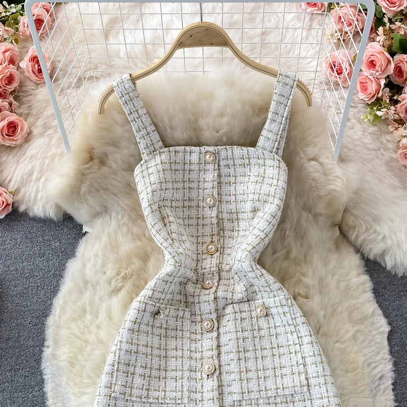 Women Two Piece Set 2025 Korean Fashion Bowtied Collar White Blouse and Spaghetti Strap Single Breasted Mini Tweed Dress Suits