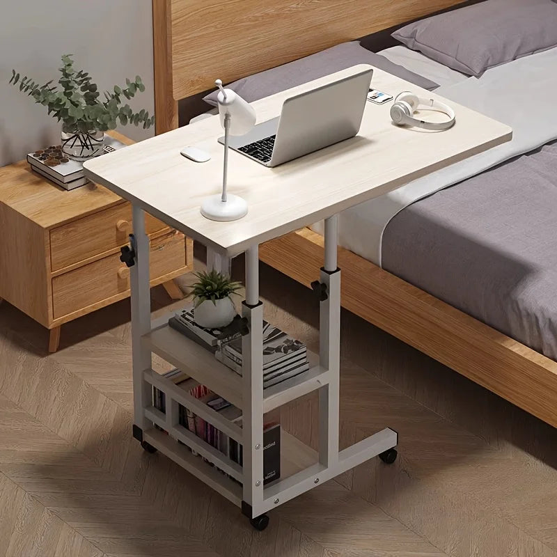 Mobile Laptop Desk w/ 4 Wheels, Dual Shelves. Height Adjustable, Space-Saving for Dorm Office Bedside. Sturdy Modern Design.