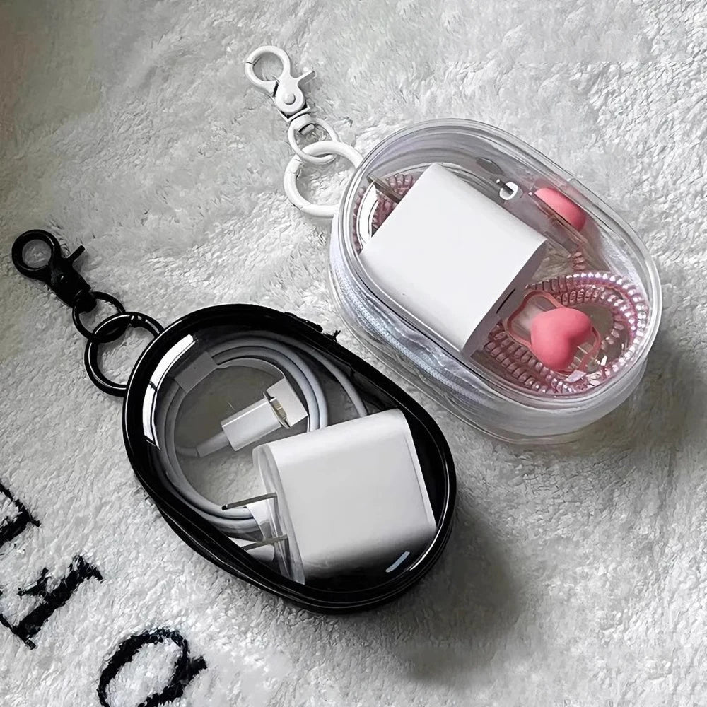 Portable Mini Transparent Charging Cable Storage Bag with Zipper Multifunctional Headphone Case Travel Accessories with Keychain