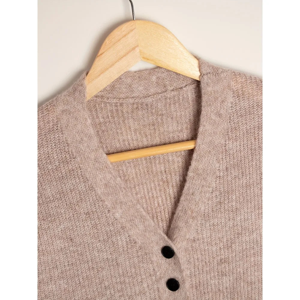 Women's Dress: High-end French V-neck Slimming Knitted Cardigan, Mid-length Solid-color Knitted Long Dress for Women Windbreaker