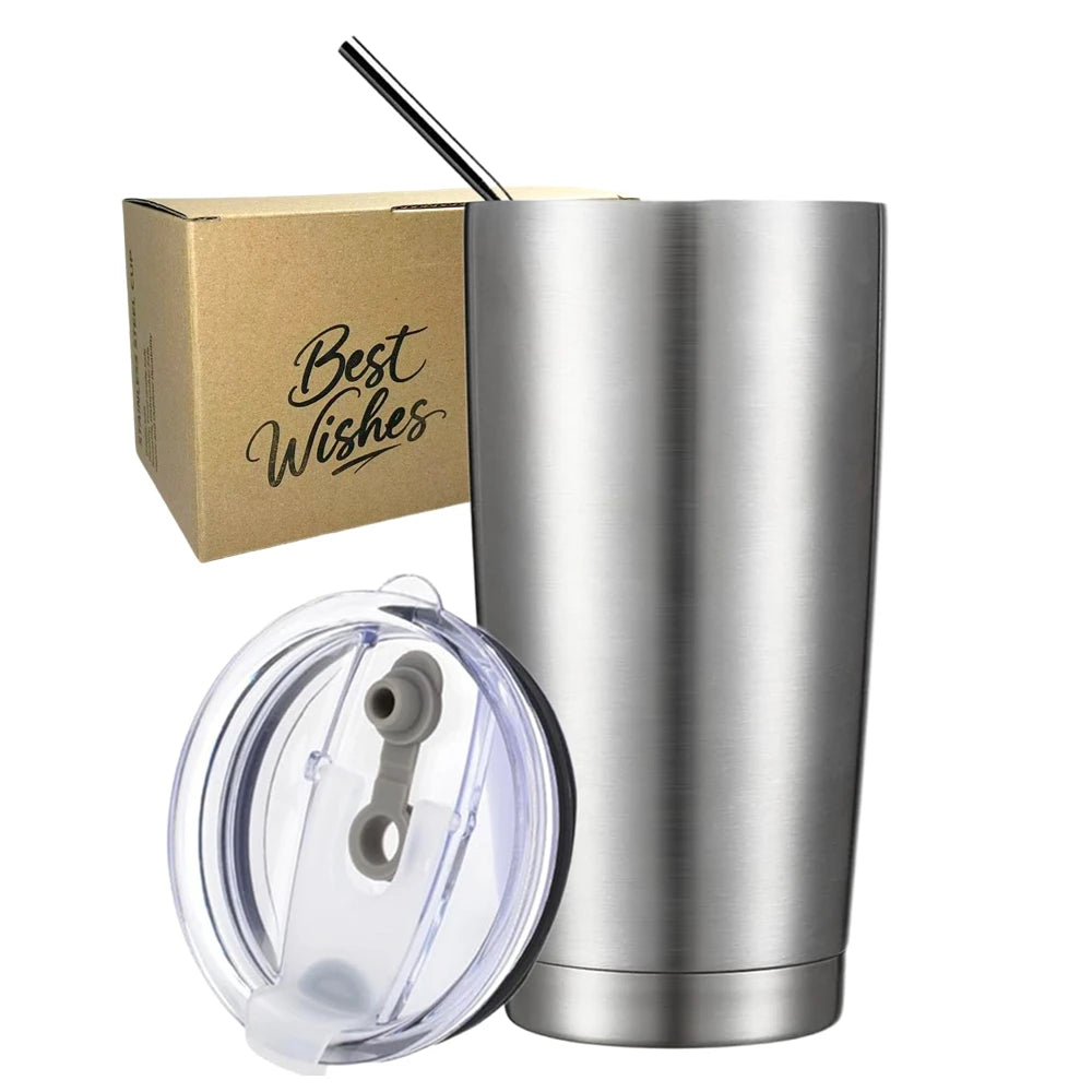 1Pc Travel Tumbler with Lid Straws 550ML Stainless Steel Insulated Tumbler Cup Double Wall Coffee Mug for Hot Cold Drinks Silver