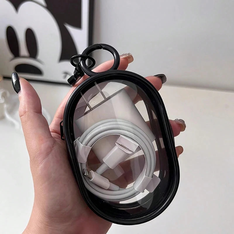 Portable Mini Transparent Storage Bag with Zipper, Multifunctional Headphone and Charger Case, Travel Accessories with Keychain