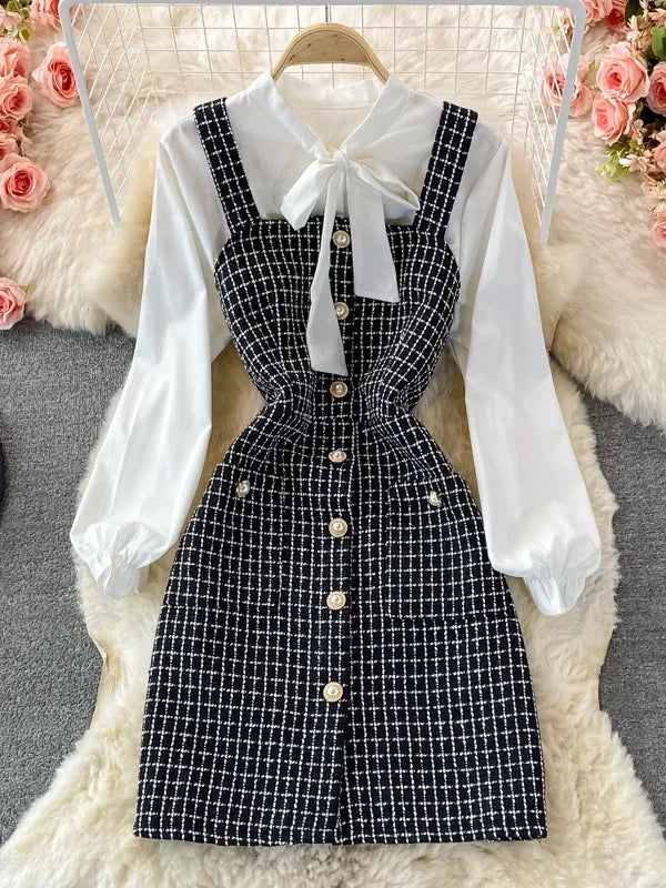 Women Two Piece Set 2025 Korean Fashion Bowtied Collar White Blouse and Spaghetti Strap Single Breasted Mini Tweed Dress Suits