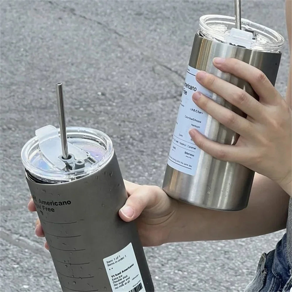 Portable 600ml Thermos Cup 304 Stainless Steel Coffee Mug Thermal Leak-proof Water Bottle with Straw Insulated Bottle Drinkware