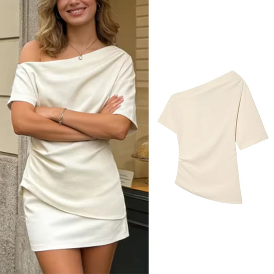 Women's Tops Spring Summer Fashion Asymmetric Hem Pleated Tops Casual Female Chic Tops