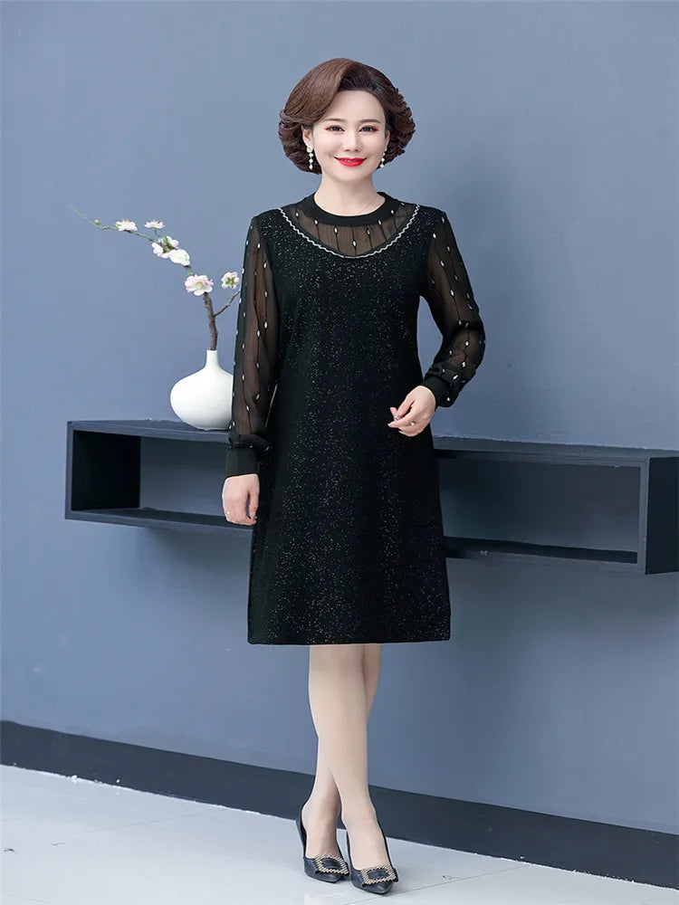 Women Middle-aged Dress Autumn And Winter  Elegant Casual O Neck Long-Sleeve Solid Color Female Dress Clothing