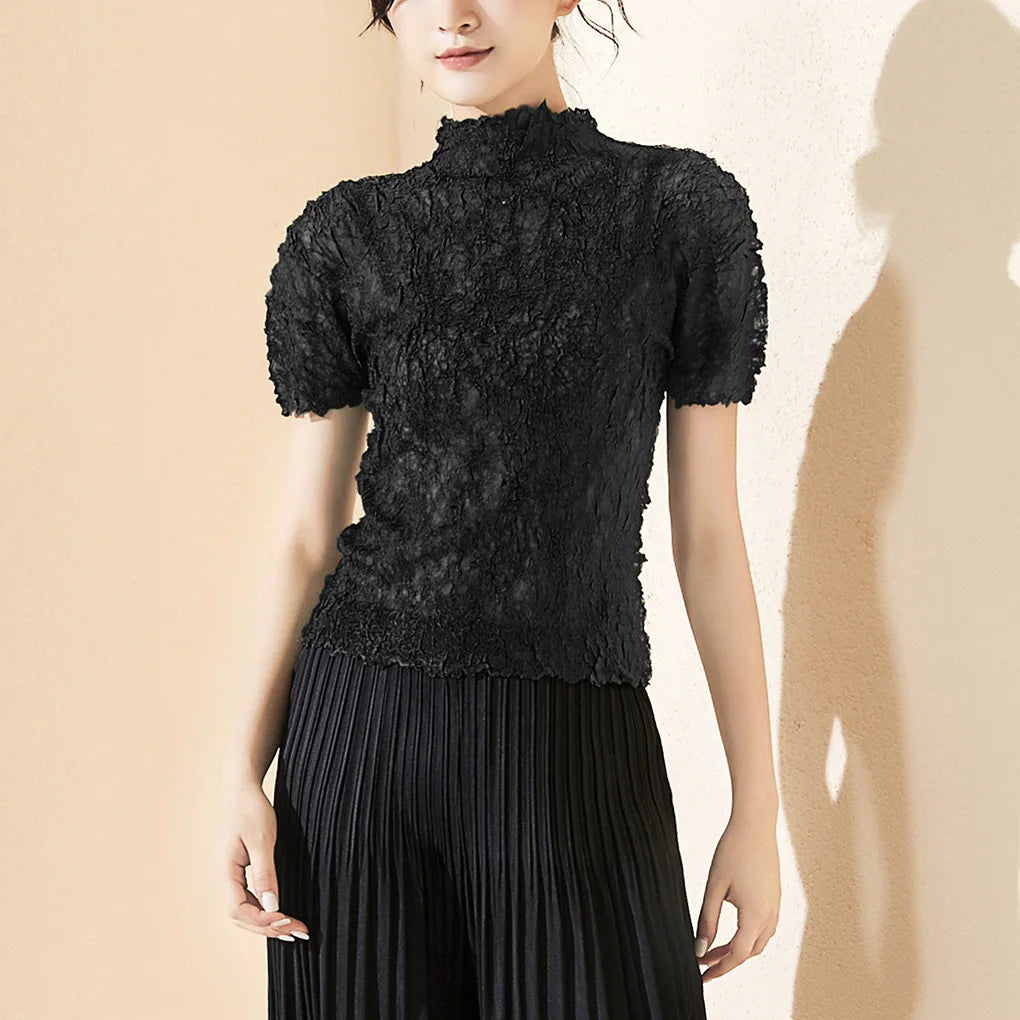 Basic short-sleeved tops for women in summer, slim fit, stand-up collar, black pleated T-shirt, 2025 new summer tops
