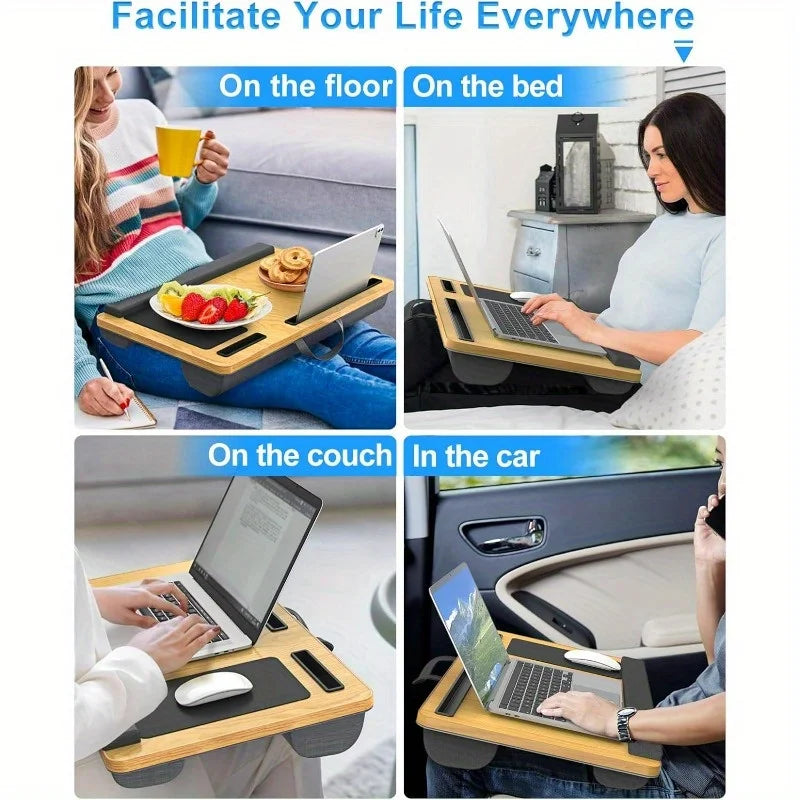 Laptop table with mouse pad, slots for tablet and phone, portable handle, suitable for outdoor and in - car use as a desk
