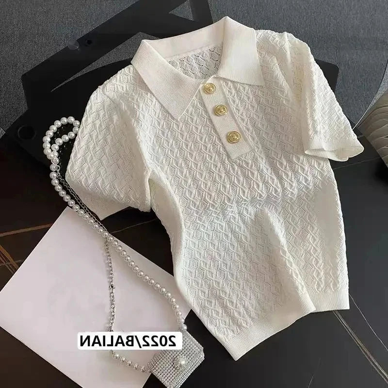 Ice Silk Polo Shirt Knitted Short Sleeve T-Shirt Summer Chic Thin Unique Jacquard Women Tops 2025 Korean Style Women’s Clothing
