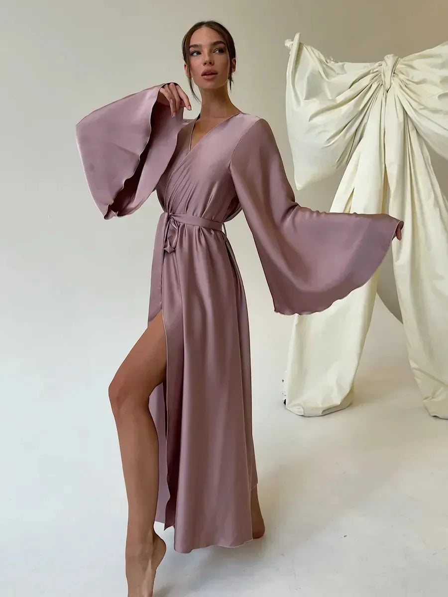 Women's Dress New Spring Summer Satin Loose Robe Sexy High Waisted Split Party Dresses Casual Multi-Color Lace Up Dress Vestidos