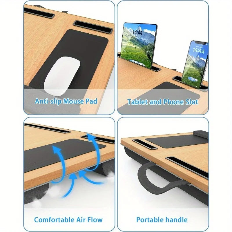 Laptop table with mouse pad, slots for tablet and phone, portable handle, suitable for outdoor and in - car use as a desk