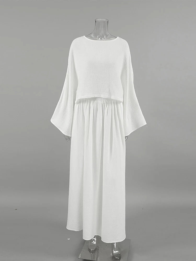 Casual Cotton Sets For Women 2Pcs Loose Solid Tops Elegant Women's Sets High Split Simple Fashion Skirt Set Commuting Outfit