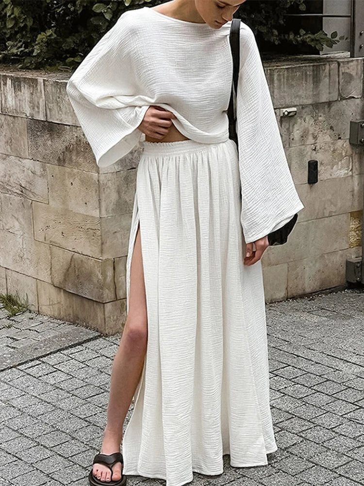 Casual Cotton Sets For Women 2Pcs Loose Solid Tops Elegant Women's Sets High Split Simple Fashion Skirt Set Commuting Outfit
