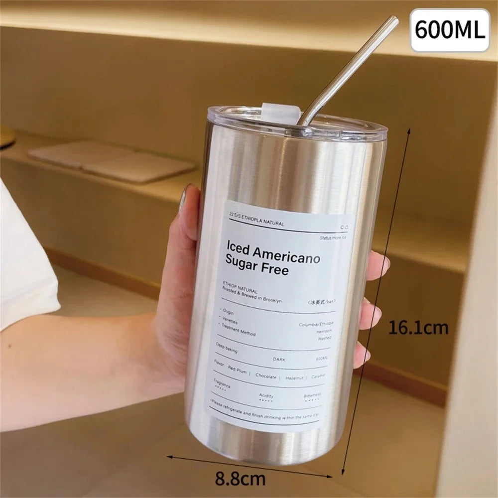 Portable 600ml Thermos Cup 304 Stainless Steel Coffee Mug Thermal Leak-proof Water Bottle with Straw Insulated Bottle Drinkware