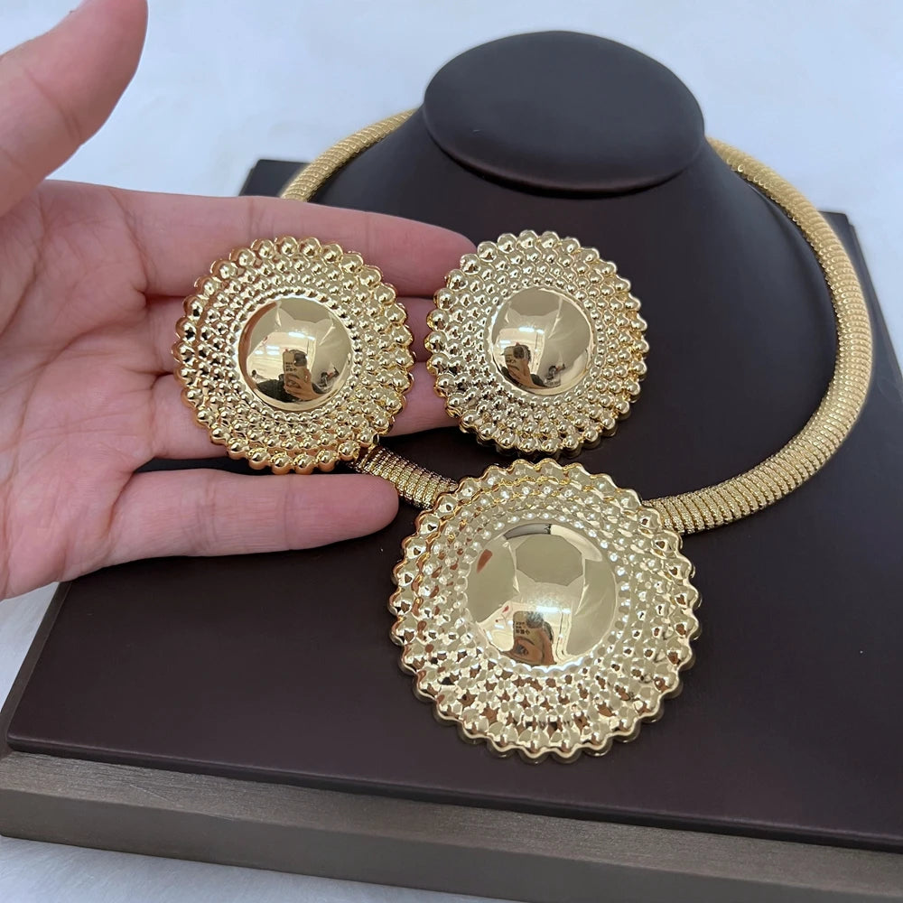 Dubai Jewelry Set for Women Round Beads Pendant Necklace and Earrings Gold Plated Jewelry for Weddings Bride Accessory Gift