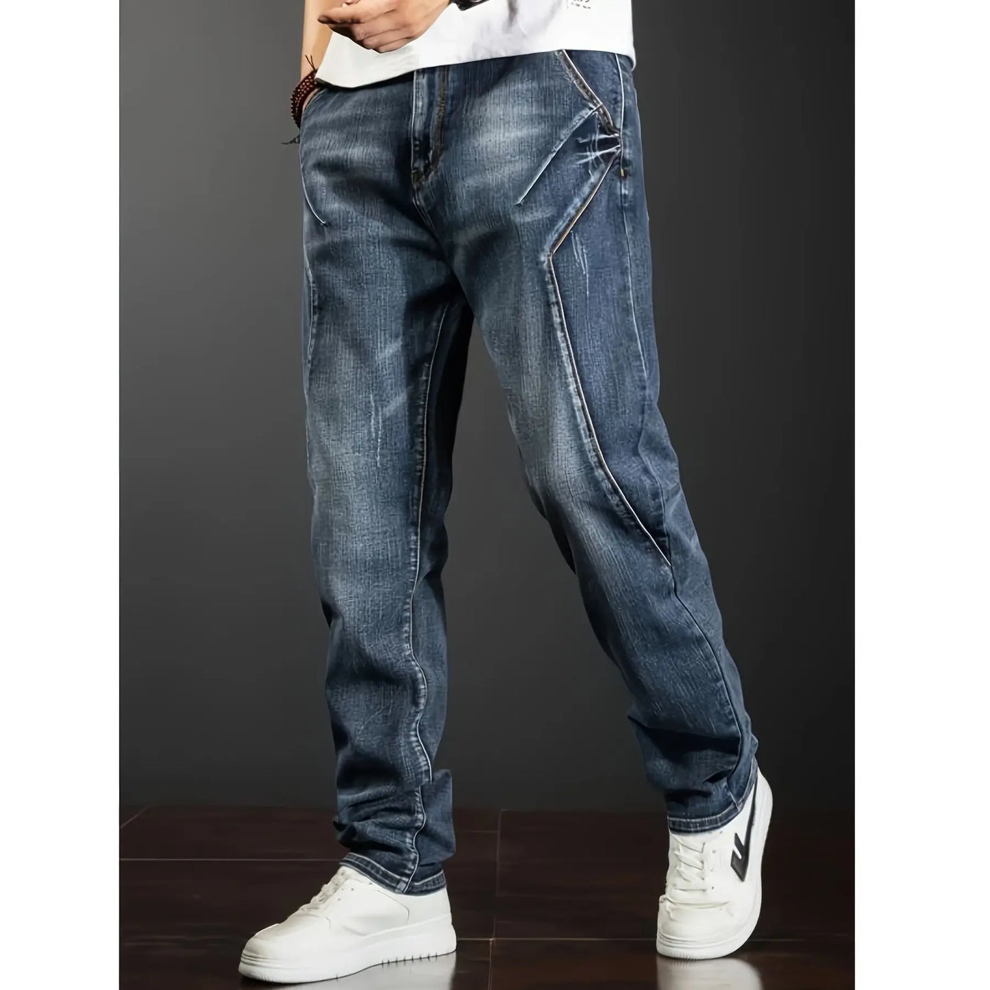 Men's European and American plus size jeans, loose and versatile workwear jeans patchwork design micro elastic cat whisker jeans