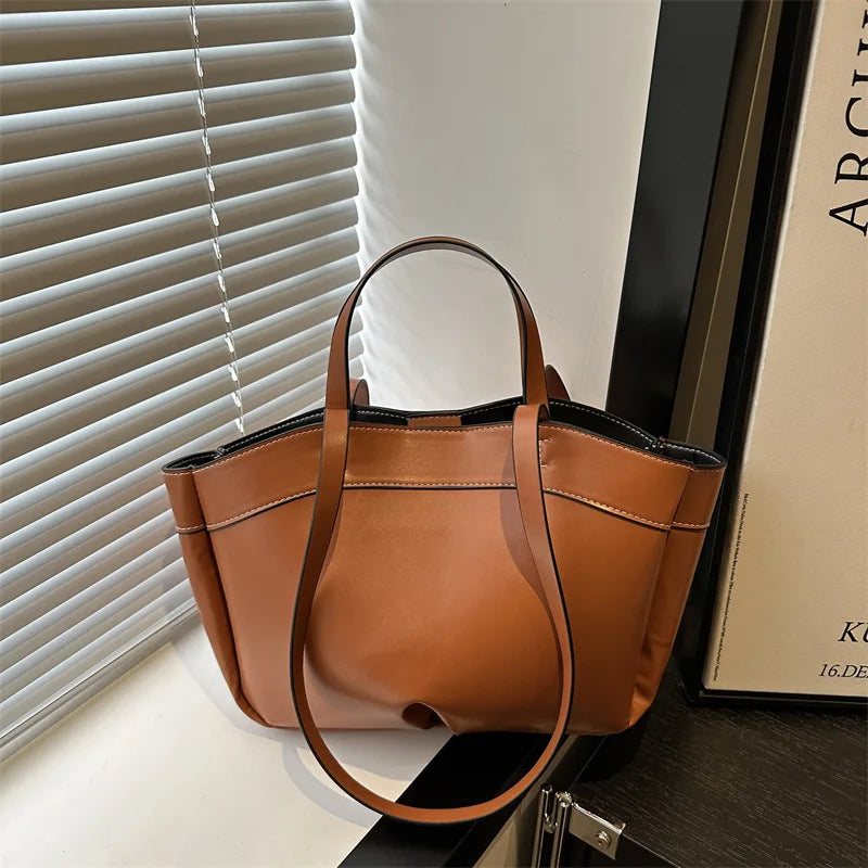 Women Tote Bag Underarm Bag Large Capacity PU Leather Shoulder Bags Vintage Solid Crossbody Bag Trendy Briefcase Bags with Purse