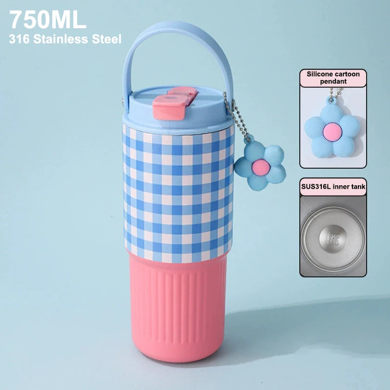Cute Tumbler 750ML Water Bottle 316 Stainless Steel Vacuum Thermos Bottle Insulated Portable Thermos Cup Gift For Woman Girl