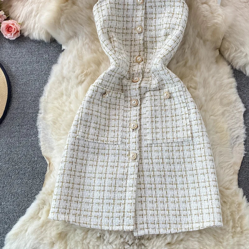 Women Two Piece Set 2025 Korean Fashion Bowtied Collar White Blouse and Spaghetti Strap Single Breasted Mini Tweed Dress Suits