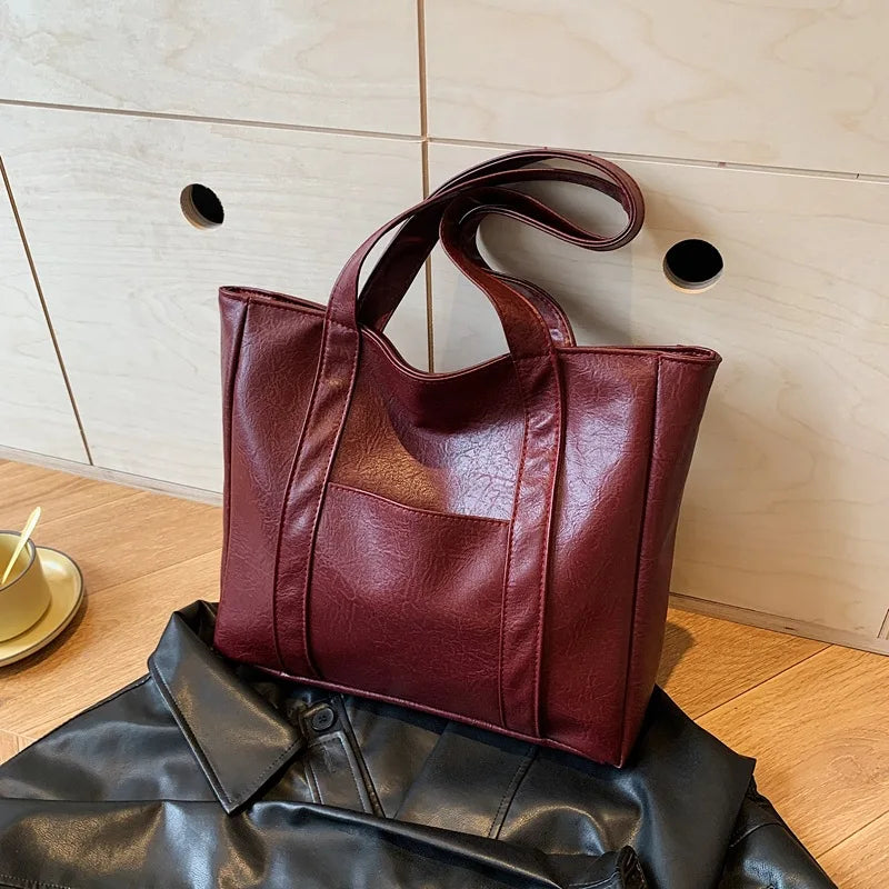 Simple Large Capacity Tote Bags for Women Retro Pu Leather Ladies Shoulder Bag Commuter Portable Girls Student Underarm Handbag