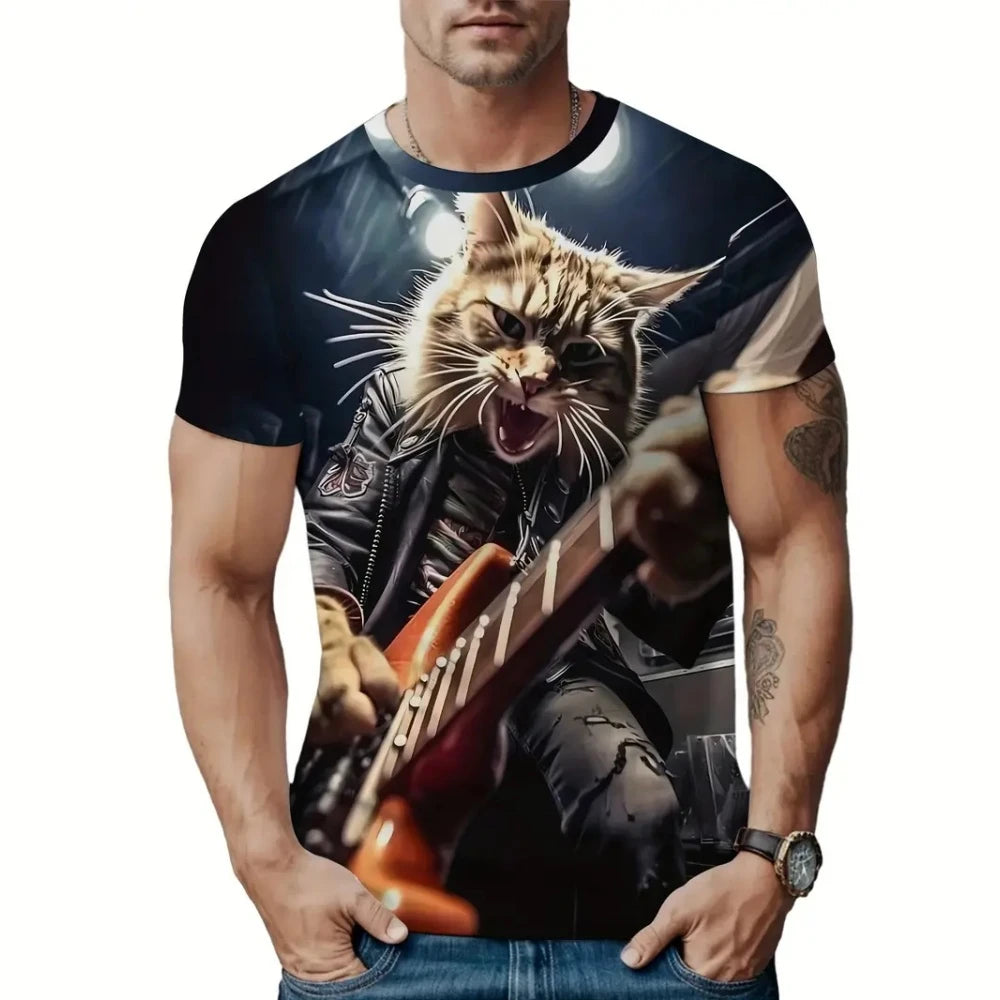 T-Shirts for Men Funny Cat Print Summer Casual O-Neck Short Sleeve Tee Tops Fashion Breathable Pullover Street Men's Clothing