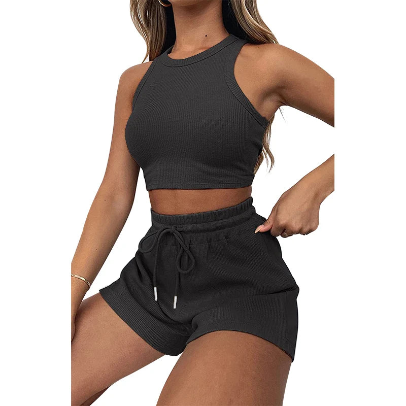 Women's Solid Waffle Textured Shorts Set, Co Ords for Women, Breathable O-Neck Crop Tank Top & Drawstring Shorts Two-piece Set