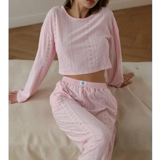 2025 Women's American Casual Wear Set - Fashionable, Simple, Loose-Fitting, Long-Sleeved, Long-Pants, Nightwear, Homewear Set