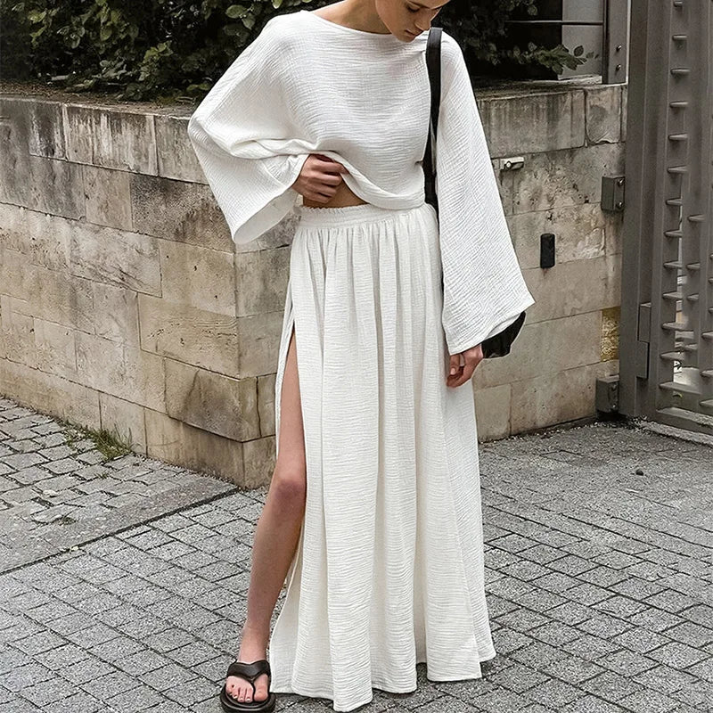 Casual Cotton Sets For Women 2Pcs Loose Solid Tops Elegant Women's Sets High Split Simple Fashion Skirt Set Commuting Outfit