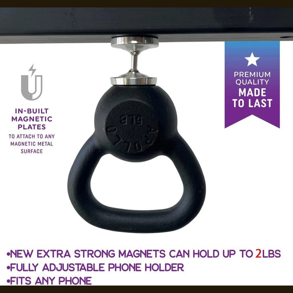 Dual Magnetic Gym Phone Holder for Working Out Videos-Double Sided Strong Magnet with 360 Degree Rotation - Fits Any Smart Phone