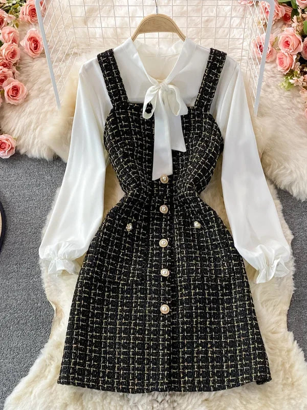 Women Two Piece Set 2025 Korean Fashion Bowtied Collar White Blouse and Spaghetti Strap Single Breasted Mini Tweed Dress Suits