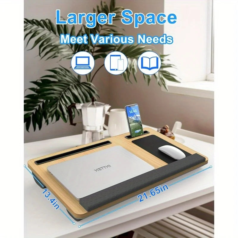 Laptop table with mouse pad, slots for tablet and phone, portable handle, suitable for outdoor and in - car use as a desk