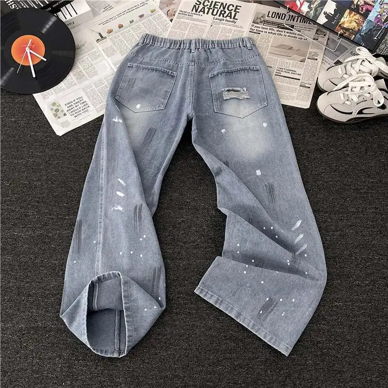 Jeans Men's Trendy Brand Washed Straight Pants High Street Graffiti Casual Ripped Pants S-3XL Size Men's Clothing