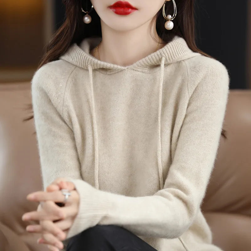 Hooded Sweater Fashion Women Autumn Winter Long Sleeve Solid Color Knitted Hoodies Lady Loose Drawstring Casual Pullover Hoodie